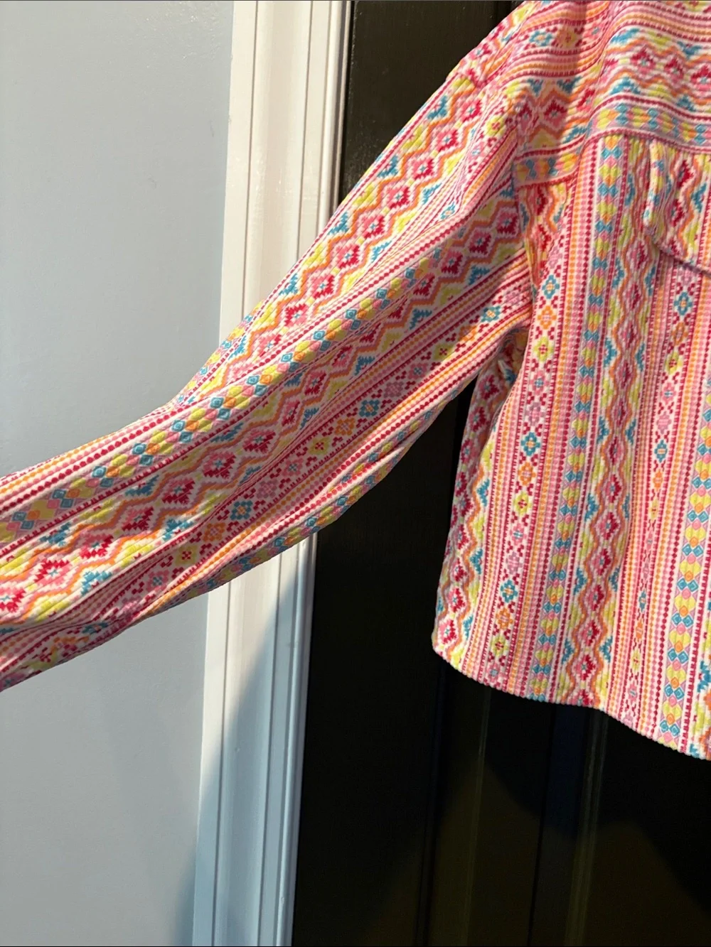 Savanna Jane Pink Multicolor Patterned Cropped Jean Jacket